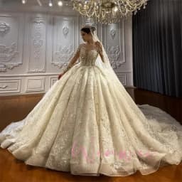 Royal Lace Applique Wedding Dress Luxury Sheer Neck Bridal Ball Gown Elegant Long Sleeves Shimmering Customized Vestido De Novia