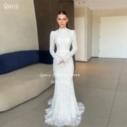 Qanz Bohemian Full Lace Wedding Dresses Mermaid Long Sleeves Bones Elegant Vestidos De Novia Boda Boho Bridal Dress Customized