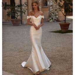 MoonlightShadow Trendy Watteau Train Women Long Dresses Party Satin Fabric 3D Blossoms Wedding Customized Cвадебное платье