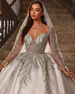 Customized Luxury Satin Ball Gown Wedding Dress Lace Pearls Beaded LongSleeves Sheer Neck White Bridal Gown Vestido De Novia