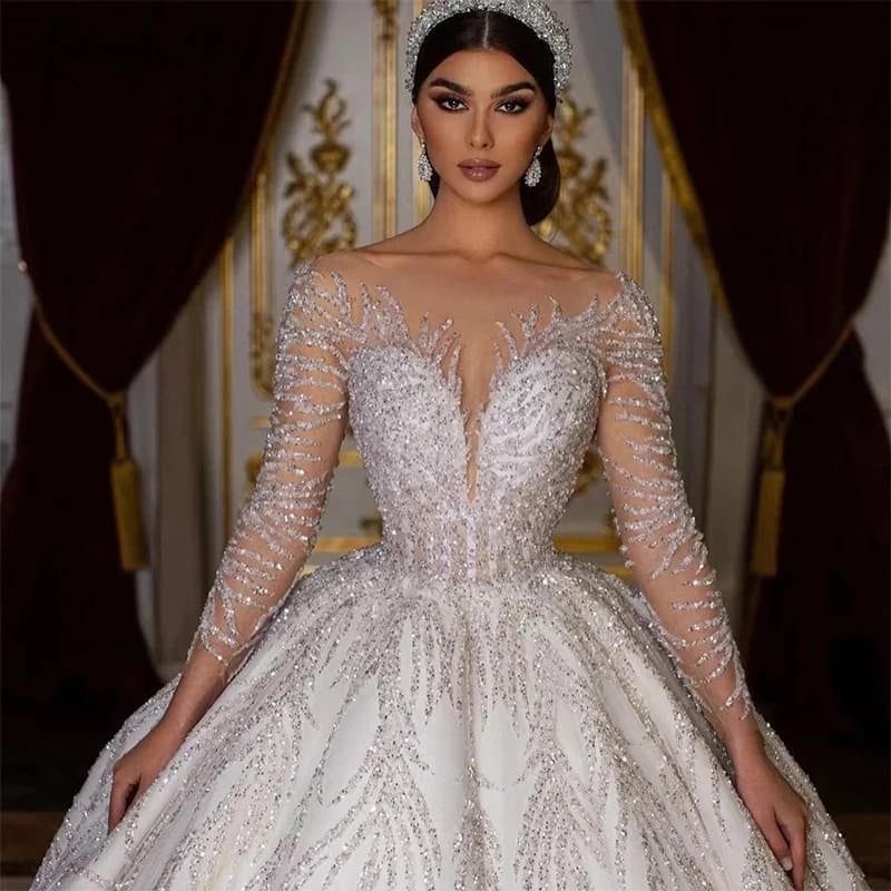 Glitter Fully Beaded Wedding Dress With Organza Ball Gown Full Sleeve O-Neck Bride Dress Lace Up Vestido De Novia Customized