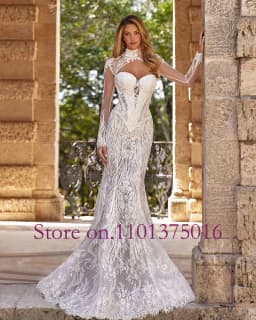 Shiny Beads Lace 3 Pieces Mermaid Wedding Dress With Detachable Long Sleeve Shawl Train Vestido De Noiva Sereia