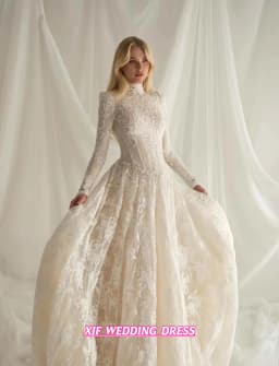 Elegant A-Line Wedding Dress High Collar Long Sleeve Lace Vintage Customized Robe De Mariage