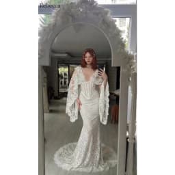 Rebecca Customized V-Neck Detachable Shawl Prom Dress Sweep Train vestidos de noche Lace Embroidery Sheer Evening Dresses 2026