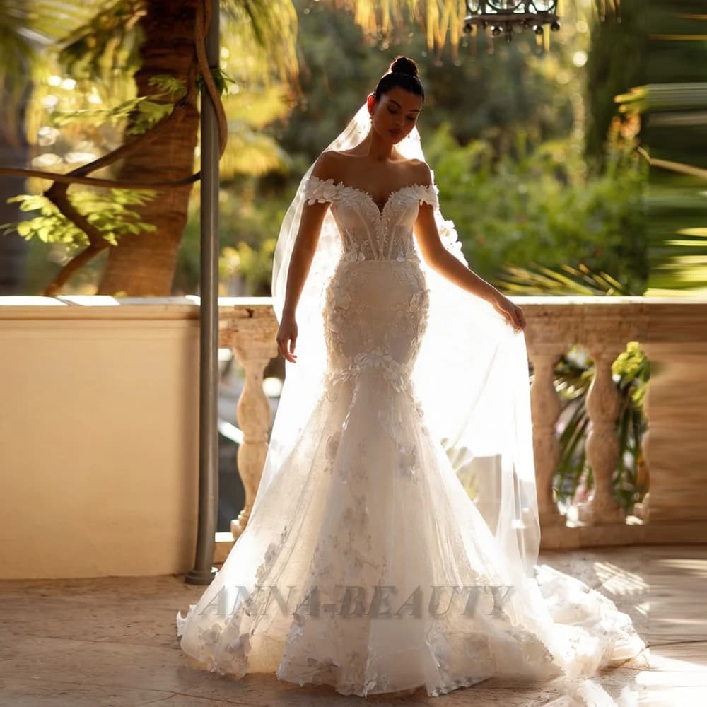 Anna Charming Sweetheart Wedding Dress Bridal Off the Shoulder Lace Appliques Zipper Brush Train Vestido Femenino Customised