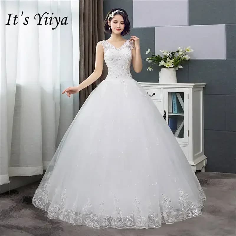 Customized Wedding Dress Pure White V-neck Appliques Sleeveless Princess Floor Length Plus size Wedding Gowns De Novia HS288