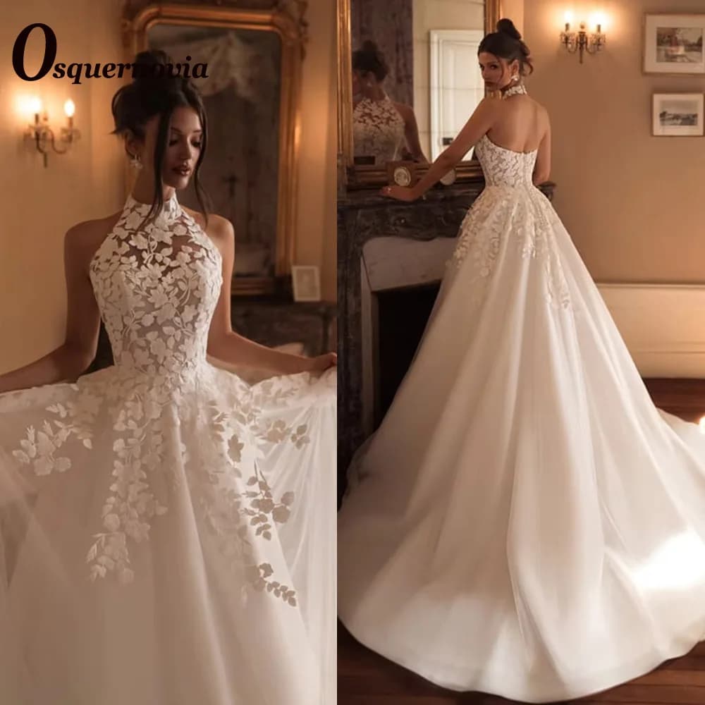 Osquernovia Charming Halter Wedding Dresses Lace Appliques A-line Sleeveless Button Bridal Gown Robes De Mariée Customised