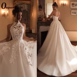 Osquernovia Charming Halter Wedding Dresses Lace Appliques A-line Sleeveless Button Bridal Gown Robes De Mariée Customised
