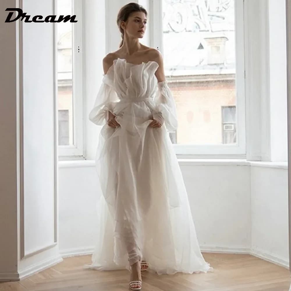 DREAM Scalloped Neck Organza Long Sleeve Boho Wedding Dress Off Shoulder A Line Backless Princess Elegant Bridal Gown Customized
