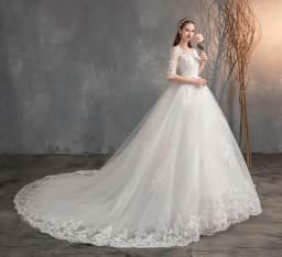 New Wedding Dress Long Sleeve Satin Lace Belt Sweep Train Ball Gown Princess Elegant Wedding Party Dress Customization