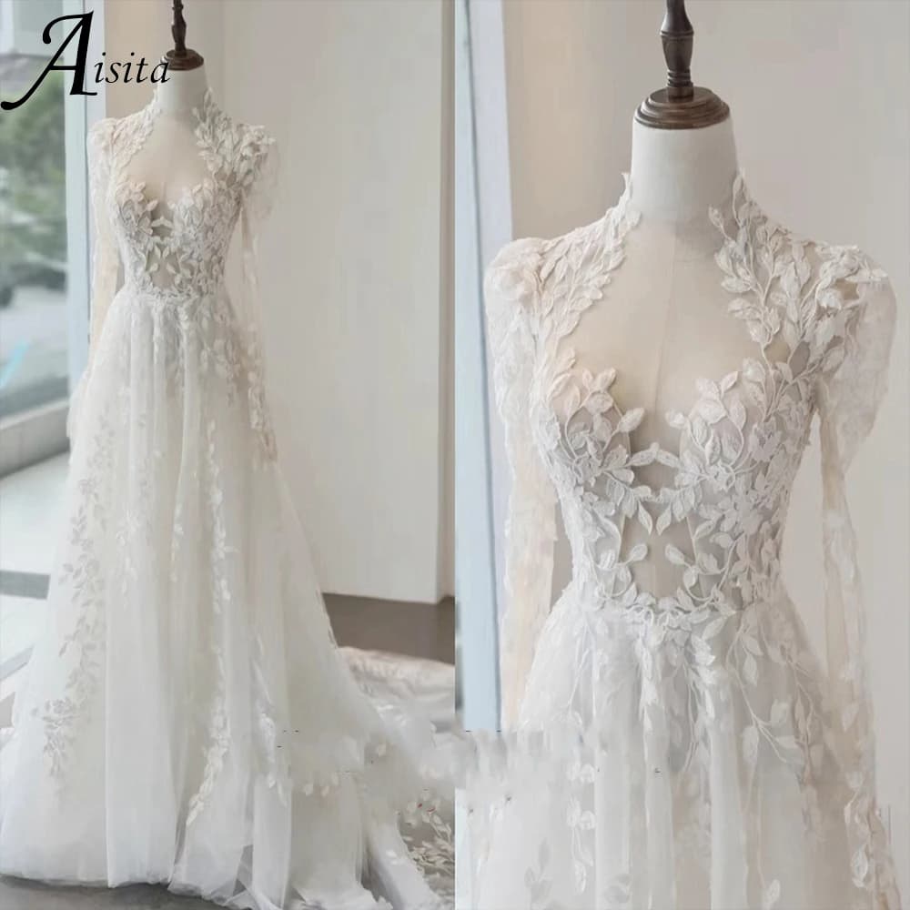 Romantic A Line Bride Dresses customized Lace Appliques Wedding Dress Wedding Long Sleeves Dresses for Woman Vestidos De Novia