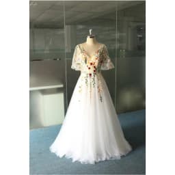 Kyoto Customized V Neck Embroidered Flowers Wedding Dress A-line Short Sleeves vestidos de novia Floor-length Evening Dresses