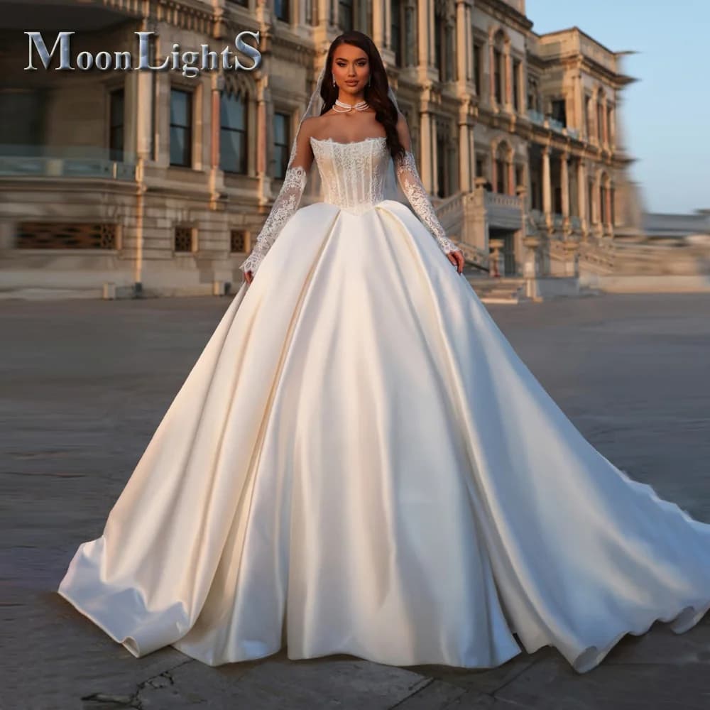 Moonlight Classic Lace Wedding Dresses for Women Court Train A-Line Satin Pleat Bridal Gown Vestidos De Novia Customized Plus