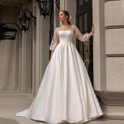 SoDigne A-line Satin Wedding Dresses Appliques Full Sleeves O-neck Bridal Dress Elegant Customized Bride Gown Vestidos De Novia