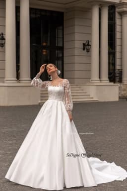 SoDigne A-line Satin Wedding Dresses Appliques Full Sleeves O-neck Bridal Dress Elegant Customized Bride Gown Vestidos De Novia