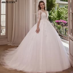 BEPEITHY Customized A Line Glitter Full Sleeves Wedding Dresses 2026 O Neck Court Train Illusion Bride Ivory Beading Bridal Gown
