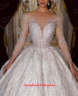 Customized Luxury Princess Wedding Dress Crystals Beaded Bridal Dress Illusion Tulle Long Sleeves Sparkly Vestidos De Novia