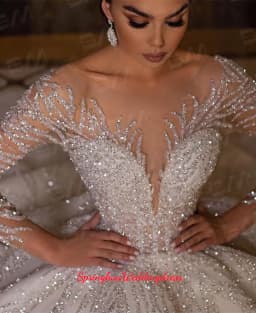 Customized Luxury Princess Wedding Dress Crystals Beaded Bridal Dress Illusion Tulle Long Sleeves Sparkly Vestidos De Novia