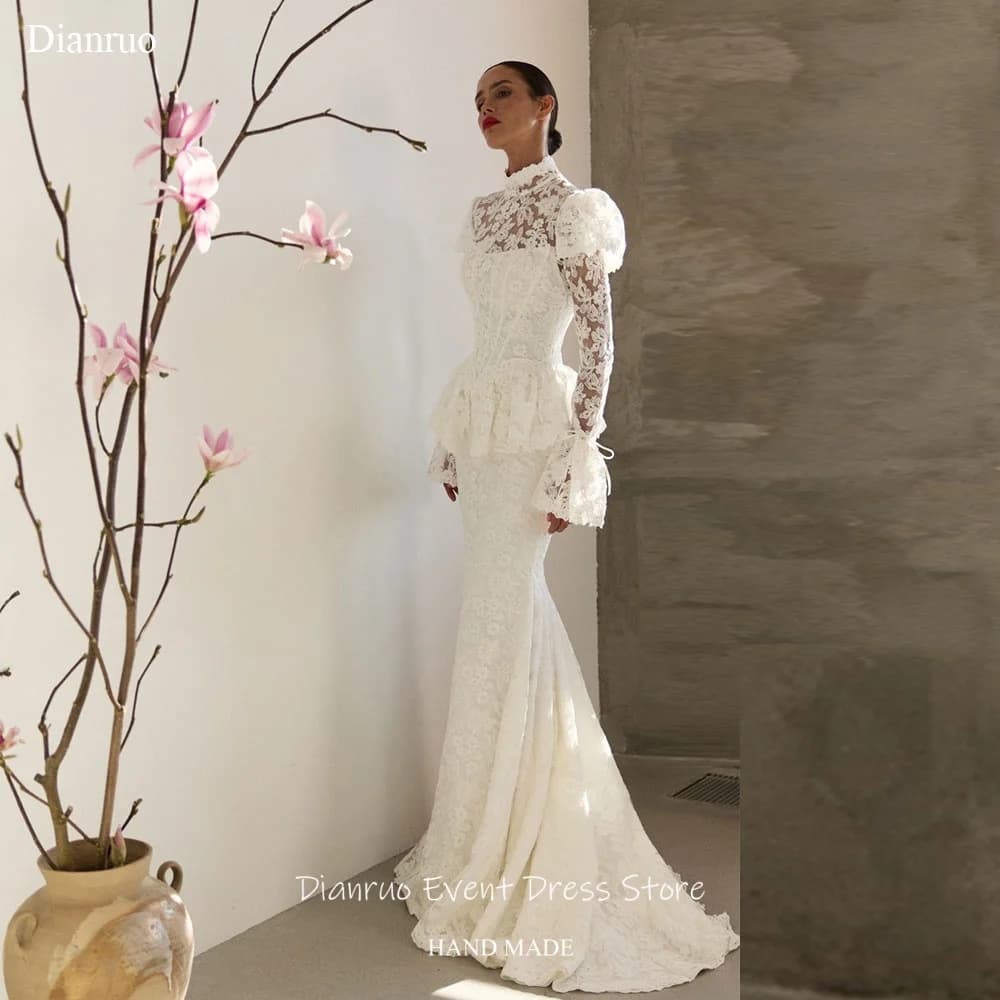Dianruo Modest High Neck Wedding Dress Long Puff Sleeves Mermaid Vestido Novia Civil Appliques Vintage Robe De Mariée Customized