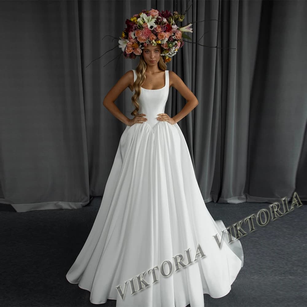 VIKTORIA Classic Satin Wedding Dresses For Woman Bridal Scoop Sleeveless A-LINE Pleat  Vestidos De Novia Boda Customized