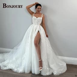 BONJOURY Vinatge Wedding Dresses for Women Spaghetti Straps Zipper High Slit A-line Royal Train Vestidos Novias Boda Customized