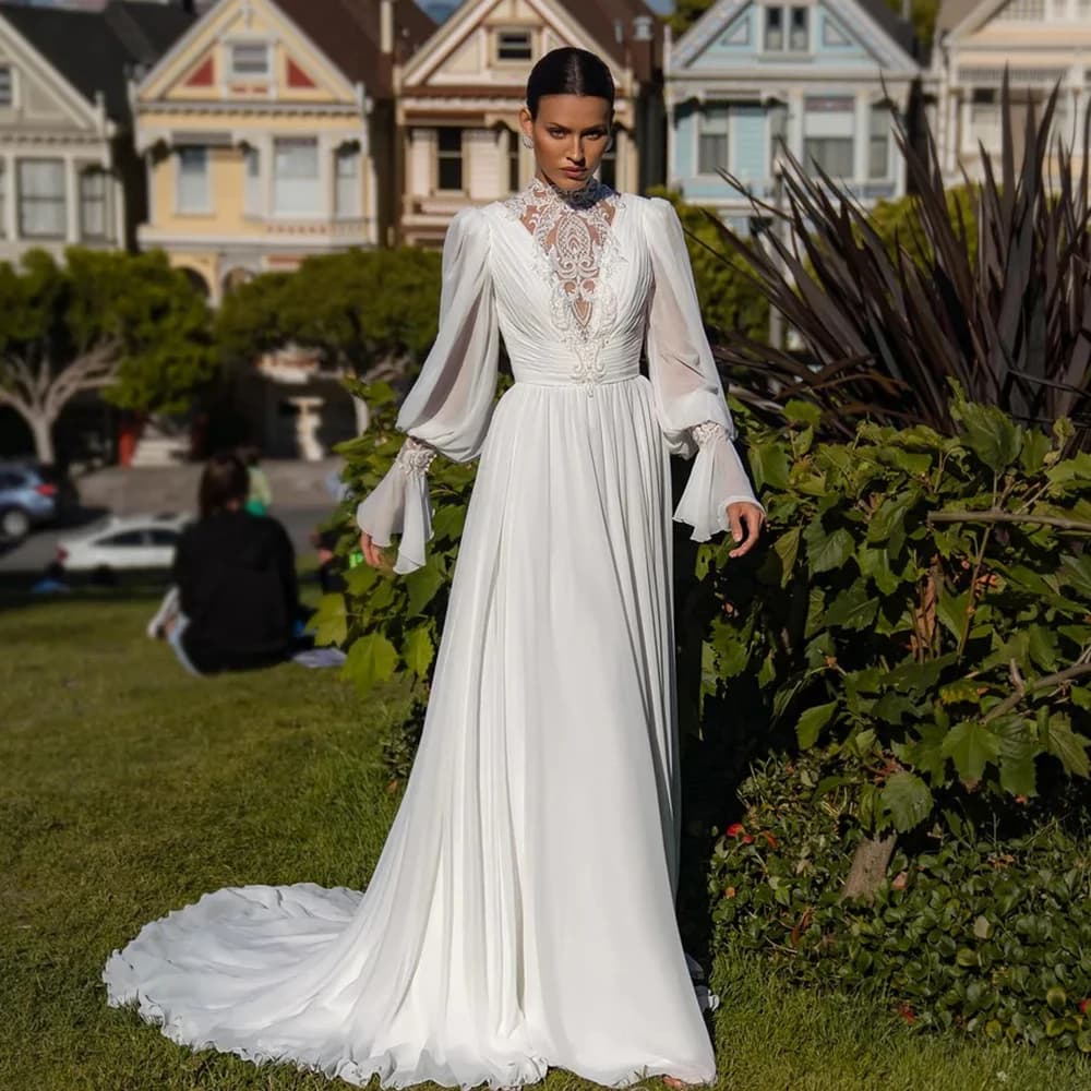 High Neck Applique Chiffon Wedding Dress Long Flare Sleeve Pleat A-Line Vintage Floor Length Button Customized Robe De Mariée