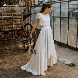Boho Two Pieces Lace Bridal Wedding Dress O-Neck Short Sleeve High Low Skirt Bride Gown Sweep Button Chiffon Vestido Customized