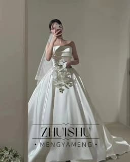 ZHUISHU Simple A-Line Korea Wedding Dresses Photo Shoot Soft Satin Sleeveless Floor Length Bridal Gowns Customized back Corset