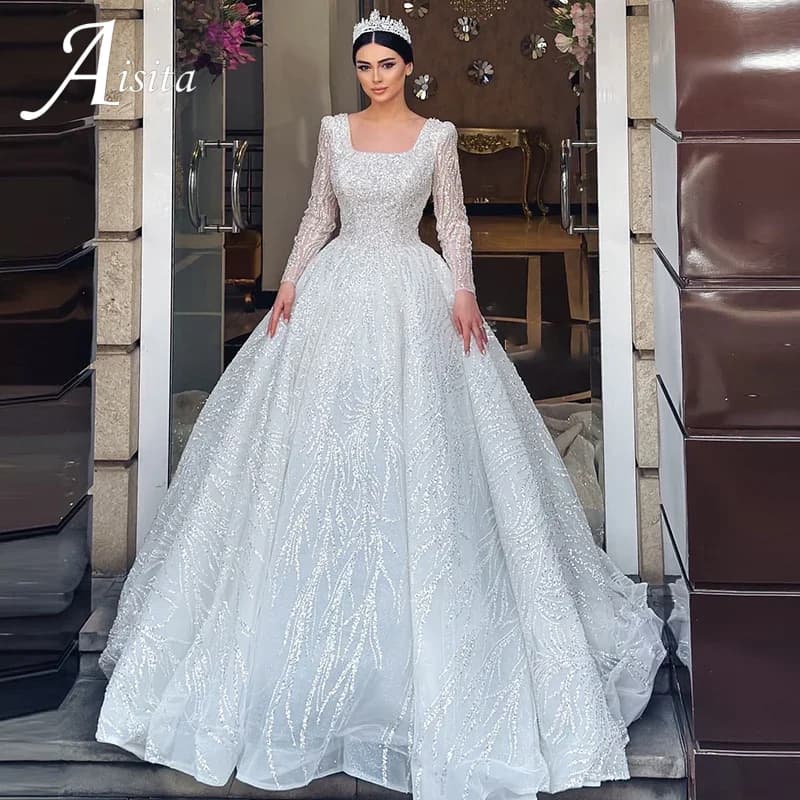 Wedding Dress With Embroidery Square Collar Sequins Princess Ball Gown Long Sleeve Backless Lace Up Customized Vestido De Novia