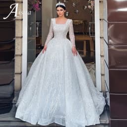 Wedding Dress With Embroidery Square Collar Sequins Princess Ball Gown Long Sleeve Backless Lace Up Customized Vestido De Novia