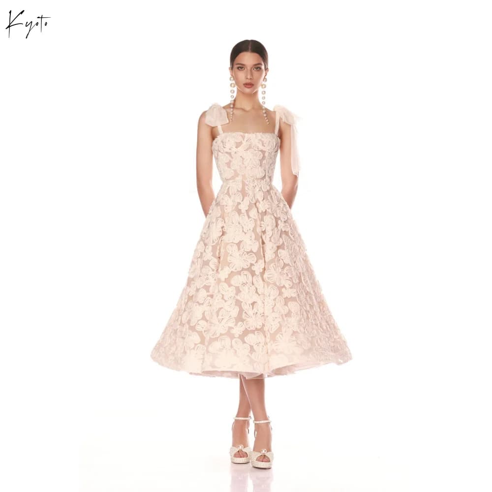 Kyoto Customized Off-White Milk Lace Flower Wedding Dress Bow Straps Tea-length Vestidos De Noche A-line Sleeveless Formal Gown