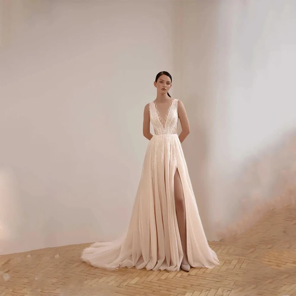 Customized High Quality Sexy White Elegant Chiffon Wedding Dresses V-neck Appliques Prom Gown A-line for Floor Length New Style