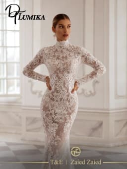 Sexy Lace Round-Neck Wedding Dress Elegant Long-Sleeved Bridal Gown Fashion Lace Applique Floor-Length Customized