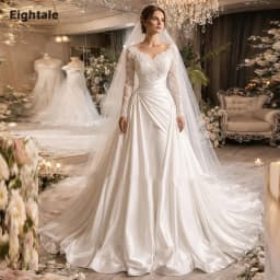 Eightale Arabic Wedding Dress V-Neck Customized Ivory Satin Appliques Lace Long Sleeves Bridal Gown A-Line Bride Party Dress