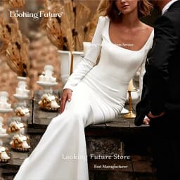 Customized Simple Sexy Mermaid White Wedding Dress Satin Backless Zipper Pleat Long Sleeve Bridal Gown Square Collar Court Train