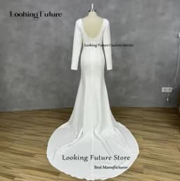 Customized Simple Sexy Mermaid White Wedding Dress Satin Backless Zipper Pleat Long Sleeve Bridal Gown Square Collar Court Train