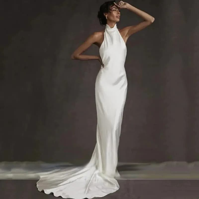 Customized Elegant Simple Mermaid White Wedding Dresses Sexy Backless Bridal Halter Sleeveless Gown Vestido Elegant Floor-Length