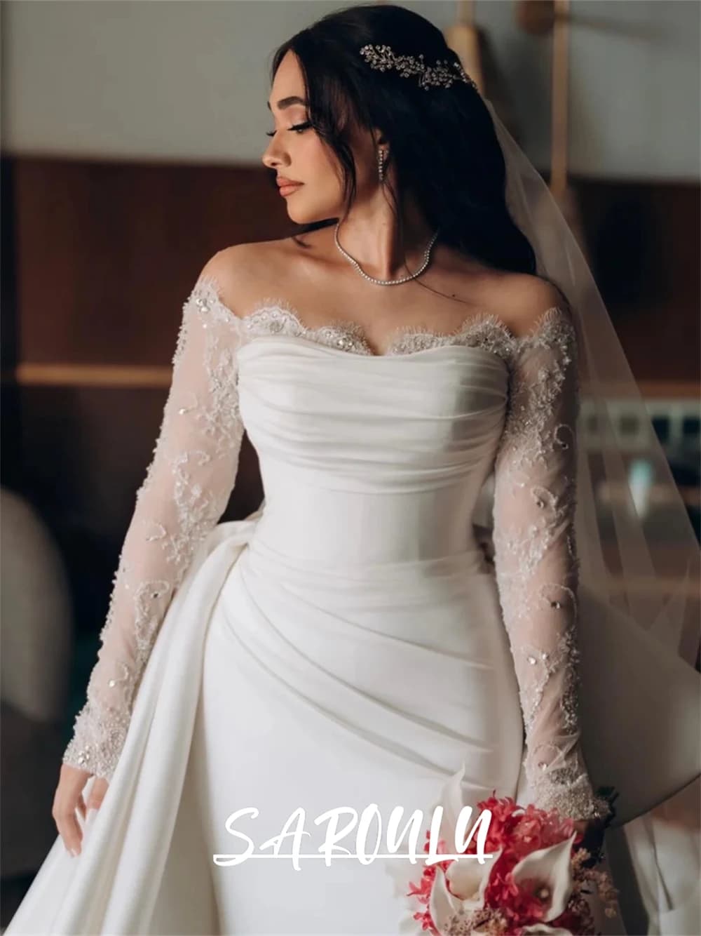 Elegant Satin Mermaid Wedding Dress with Off Shoulder Full Sleeves Long Maxi Plus Size Bride Dresses Customized Bridal Gown
