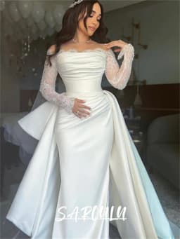 Elegant Satin Mermaid Wedding Dress with Off Shoulder Full Sleeves Long Maxi Plus Size Bride Dresses Customized Bridal Gown