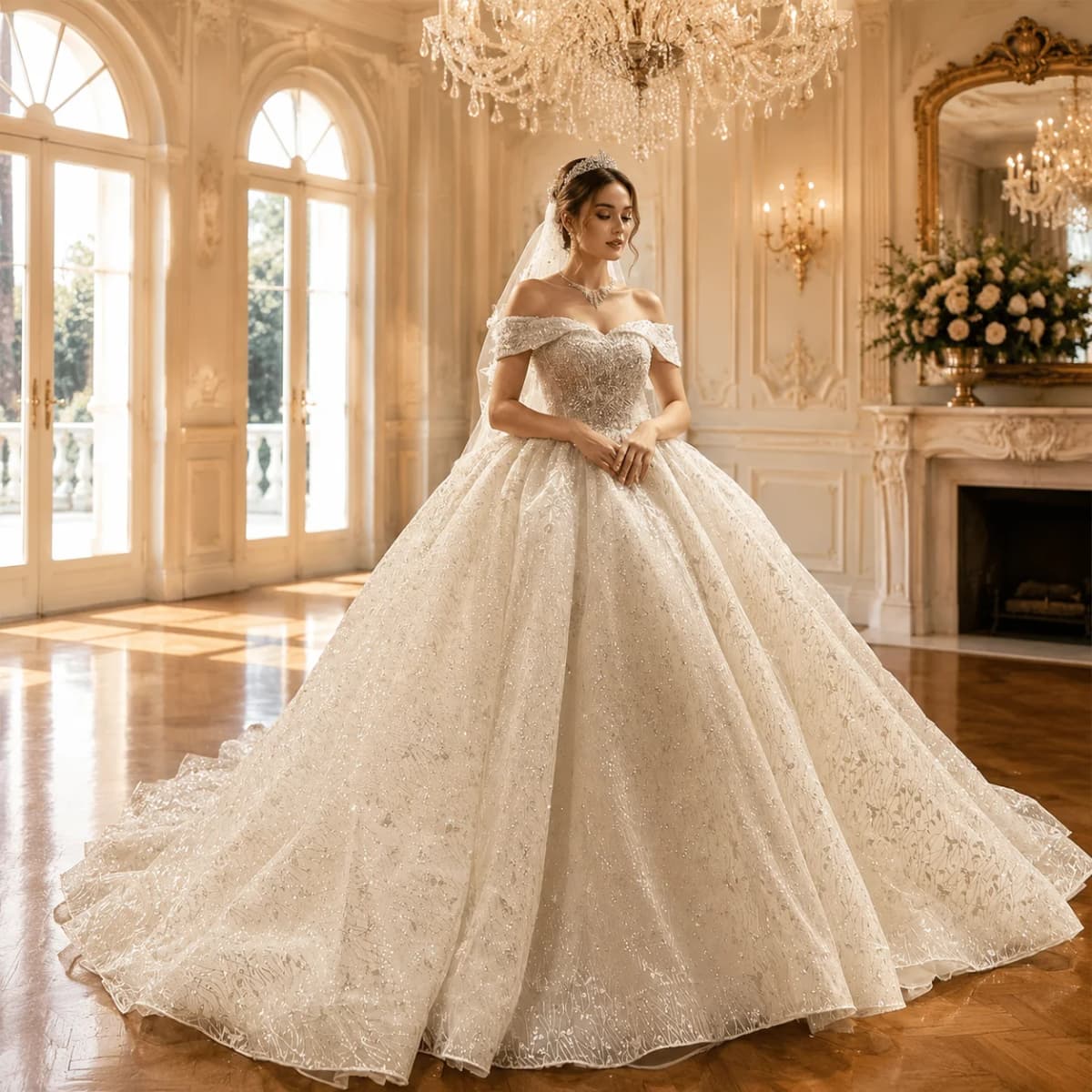 Customized Luxury Ball Gown Wedding Dresses Off The Shoulder Straps Lace Wedding Dress With Small Train AmandaNovias Official