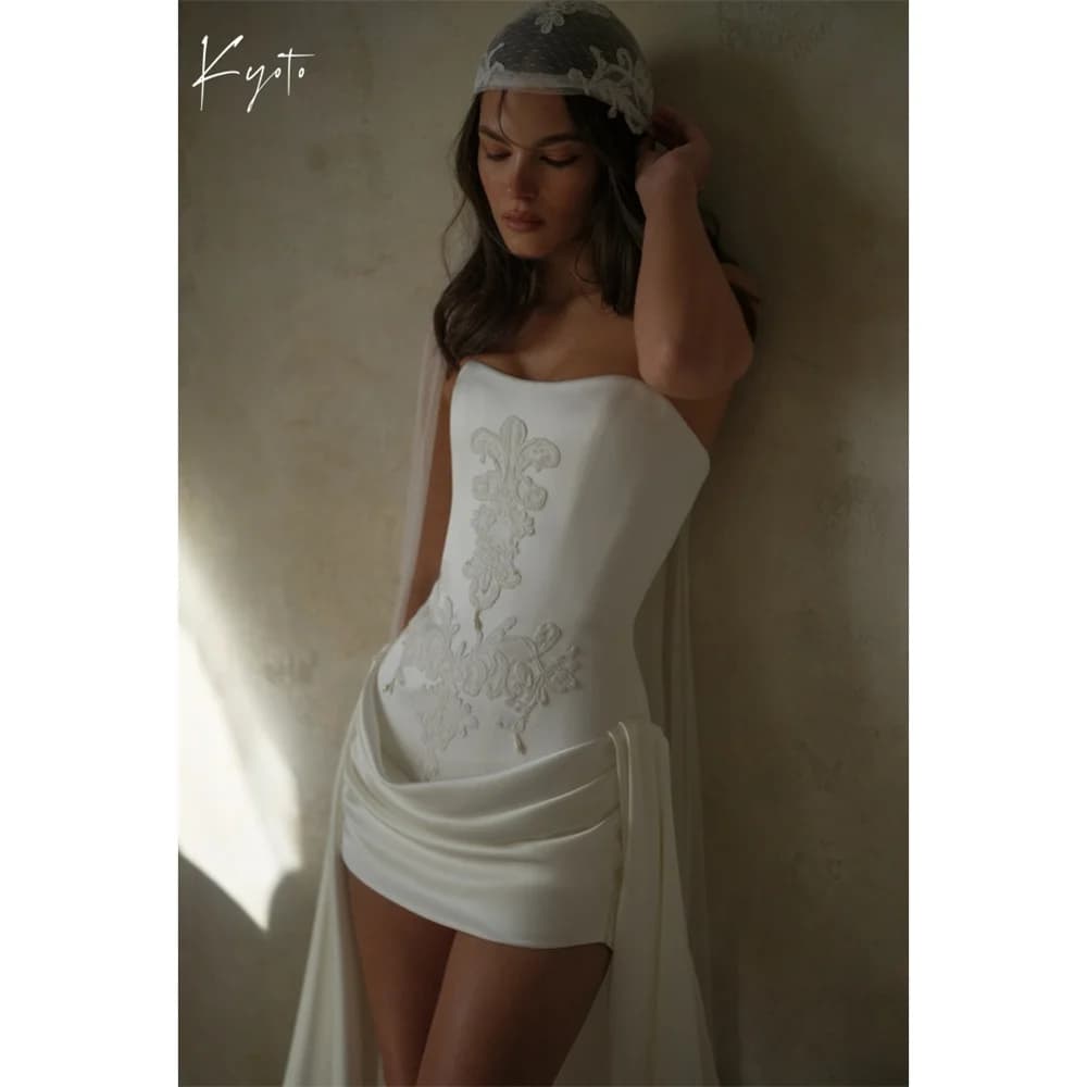Kyoto White Customized Elegant Strapless Neck Wedding Dress Sleeveless Satin vestidos de noche A-Line Mini After Party Gown 2026