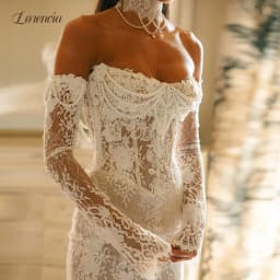Lorencia Long Sleeves Lace Mermaid Wedding Dresses with Choker Pearls Beading Basque Waist Fitted Bridal Gowns Customized