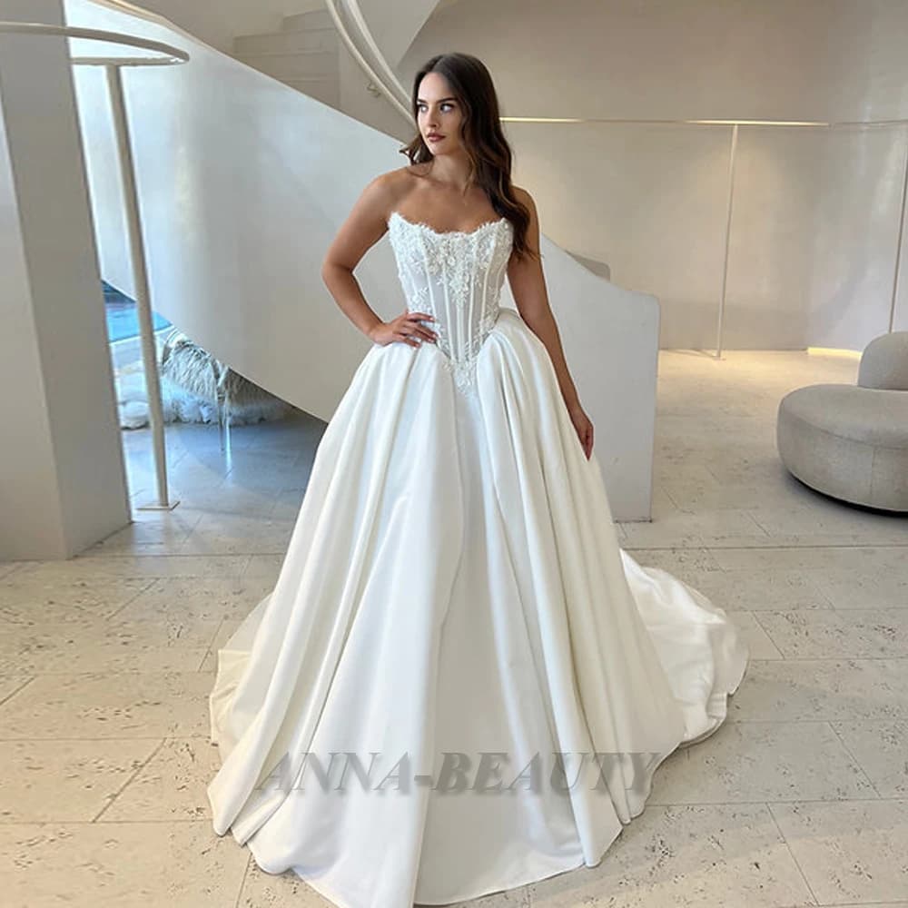 Anna Fashionable Lace Applques Wedding Dress Bridal Pleats Sleeveless A-line Satin Lacing up Vestidos Para Mujer Customised