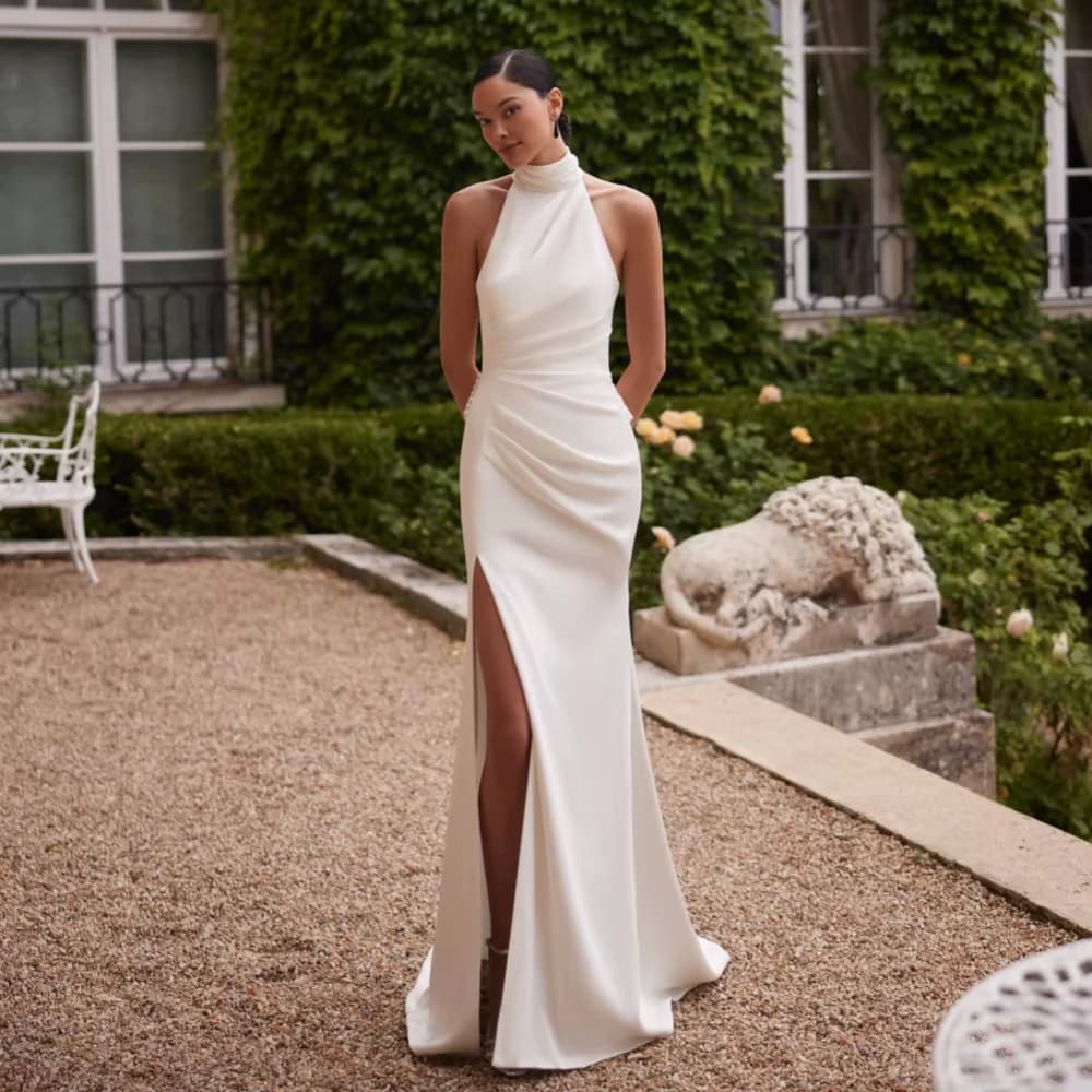 Customized New Pleated Satin Halter Long Wedding Dress Sexy High Slit Backless Beach Bridal Gown Mermaid  Bridal Gown