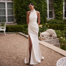 Customized New Pleated Satin Halter Long Wedding Dress Sexy High Slit Backless Beach Bridal Gown Mermaid  Bridal Gown