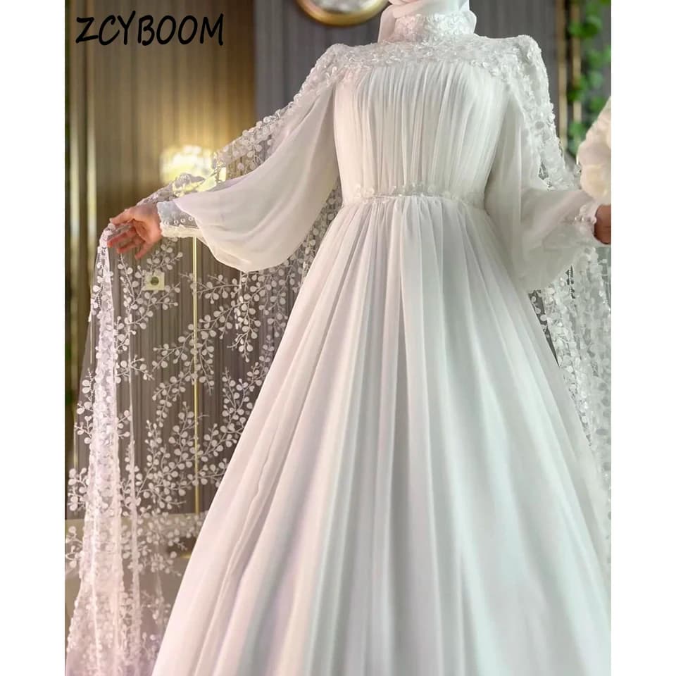Customized High-Neck Beaded Appliques Shawl Long Sleeves Wedding Dress 2026 Muslim A-Line Floor Length Sweep Train Bridal Gown