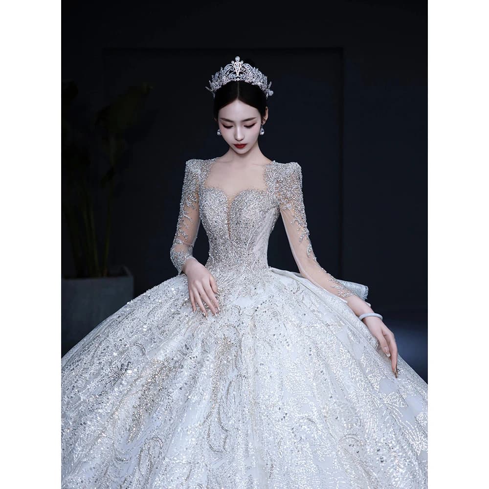 Long Sleeve Wedding Dresses Classic Sweetheart Wedding Party Dress Shinny Wedding Ball Gown Plus Size Customized