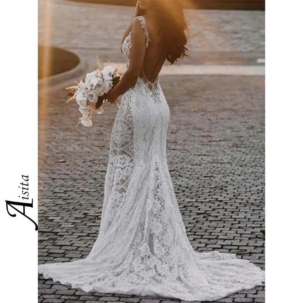 Beach Mermaid Wedding Dress V Neck Boho customized Dresses Sleeveless Open Back Elegant and Pretty Women's Dresses Vestido