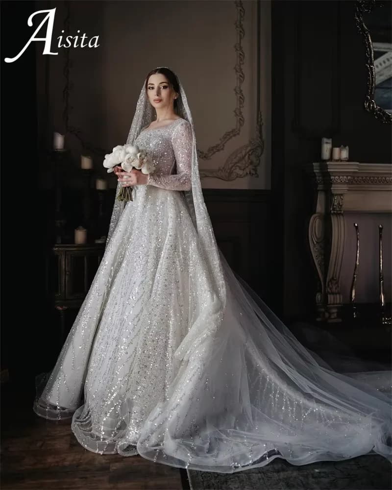 Vintage Customized Sparkly Beads Tulle Long Formal Wedding Dresses A Line Square Neck Dubai Long Sleeves 2025 Detachable Sleeves