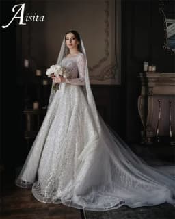 Vintage Customized Sparkly Beads Tulle Long Formal Wedding Dresses A Line Square Neck Dubai Long Sleeves 2025 Detachable Sleeves